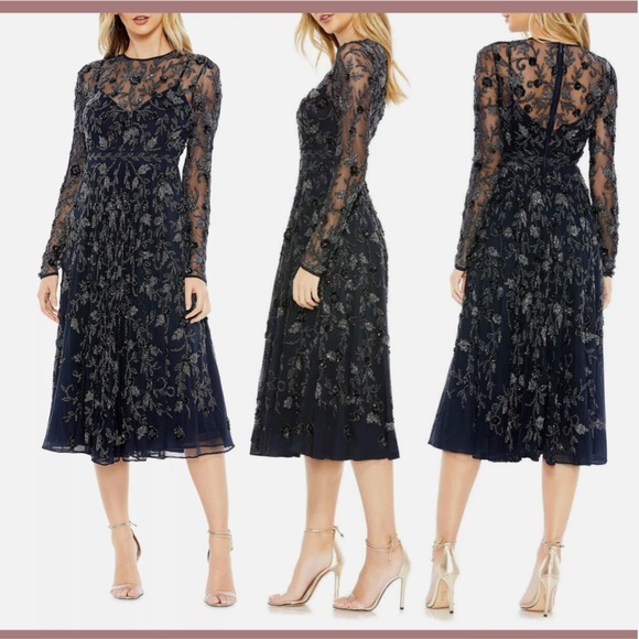 NEW $598 Mac Duggal [ 4‎ ] Beaded Floral Long Sleeve Midi Dress Navy Blue - Picture 2 of 13